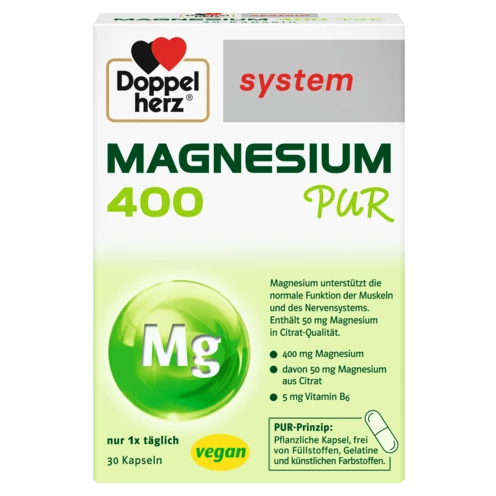 Abbildung der Produktverpackung Doppelherz system MAGNESIUM 400 PUR Frontansicht